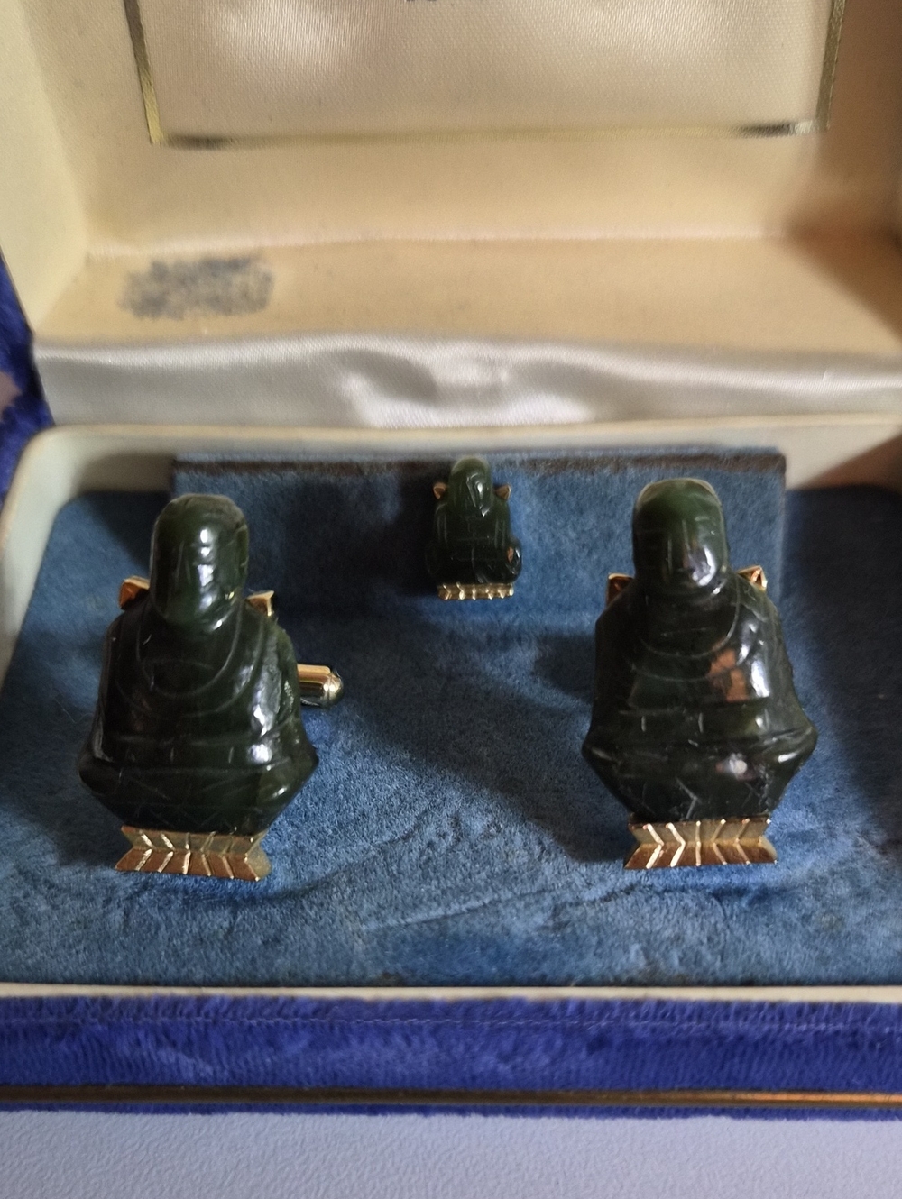 SWANK Dark Green Jade Figural Cuff Links and Tie Tack